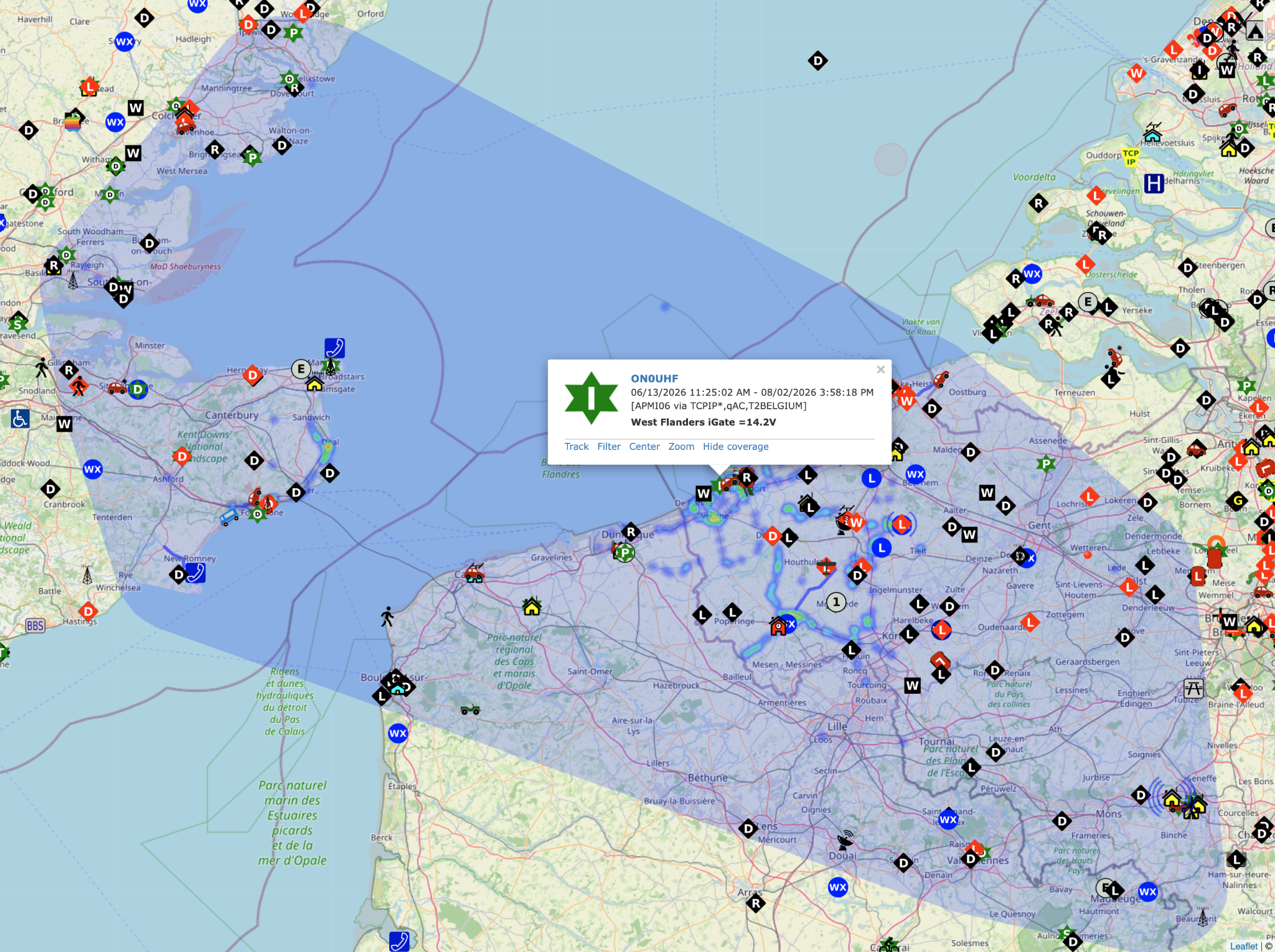 Actuele APRS-dekking van ON0UHF