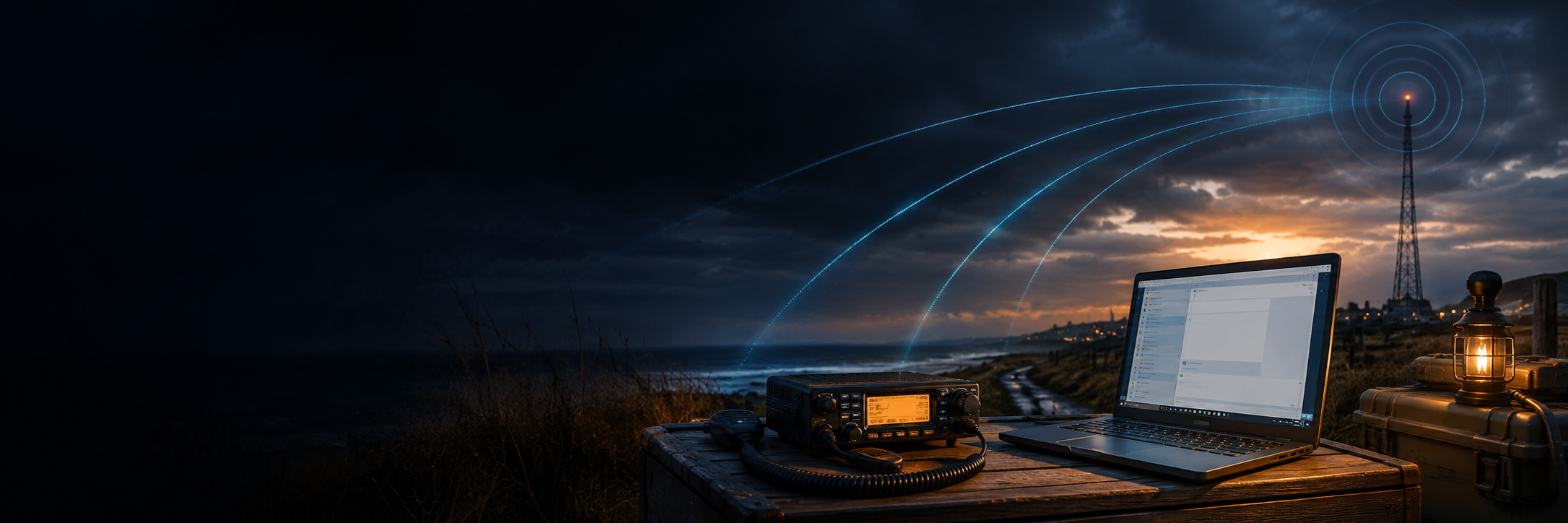 Winlink-veldstation met radio, computer en verbinding naar een radiomast