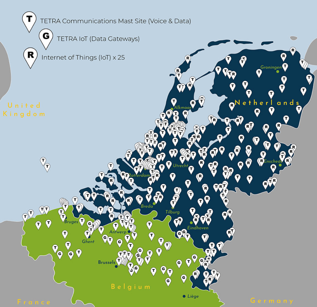 Kaart van de Entropia-mastsites in België, Nederland en op de Noordzee