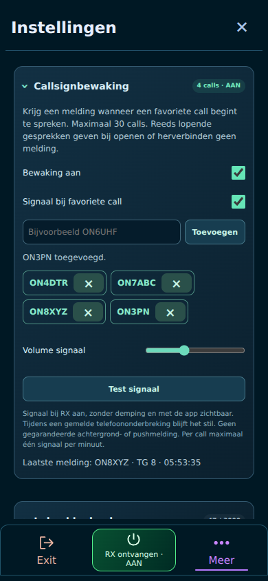 Instellingen voor callsignbewaking en lokaal logboek
